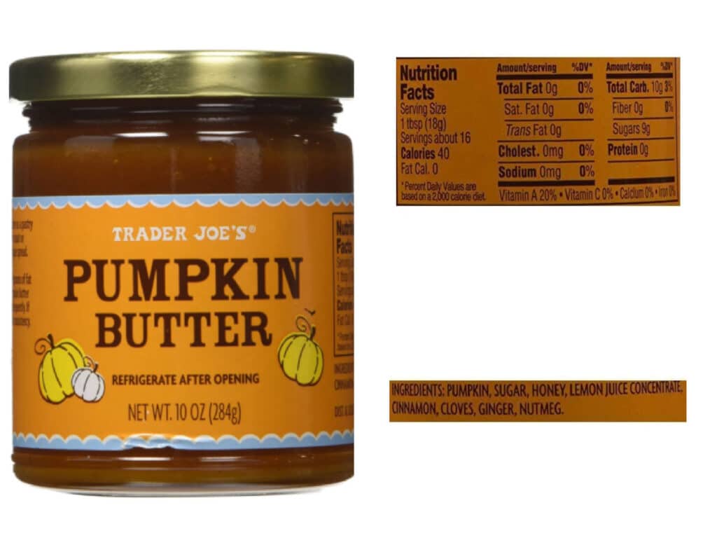 Trader Joe's pumpkin butter, nutrition label and ingredients label.