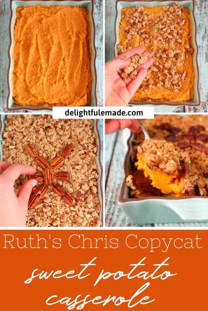 sweet potatoes, topped with streusel topping and pecans for Ruth Chris sweet potato casserole.