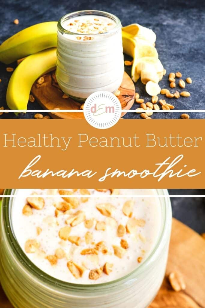two image collage of peanut butter banana smoothie.