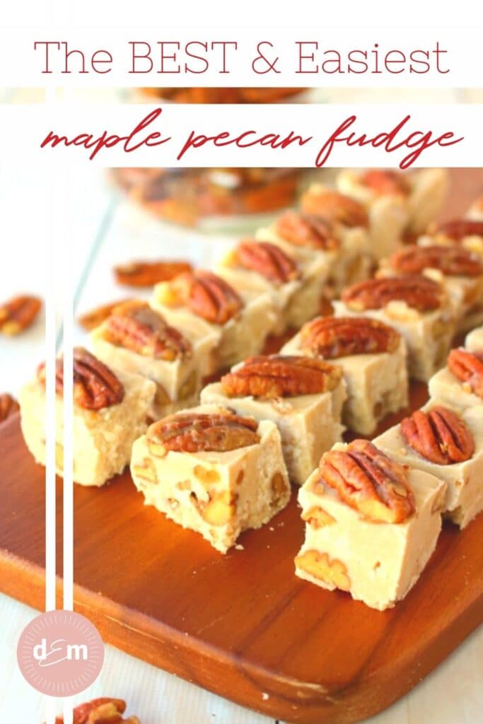 Squares of maple pecan fudge, each topped with brown sugar pecans.
