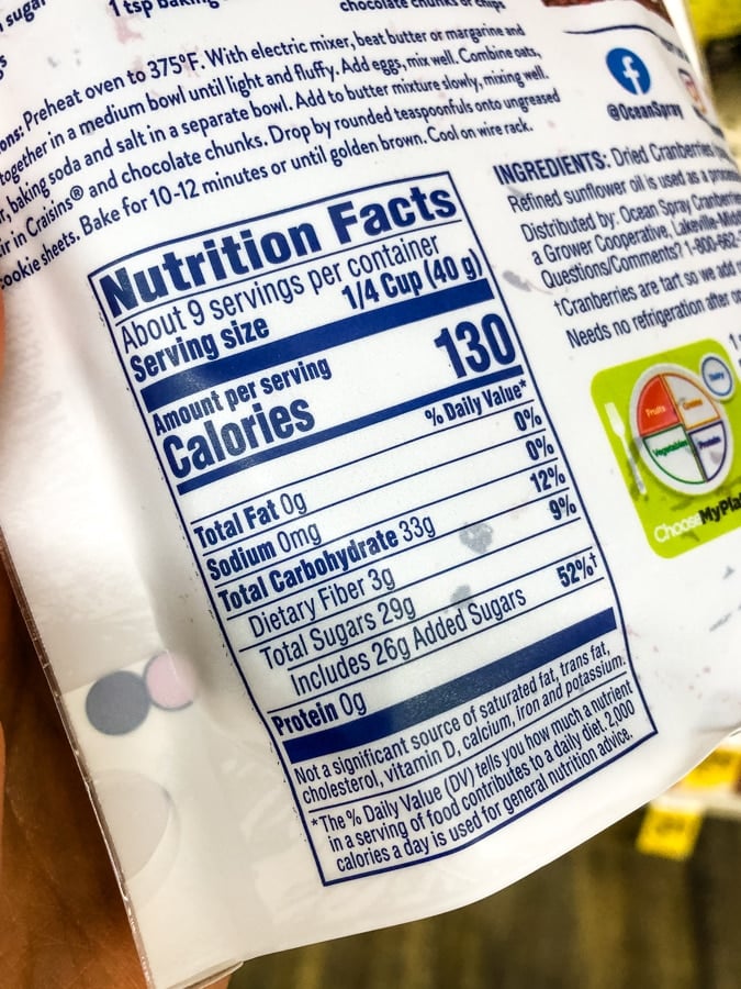 Close up of nutrition label for store-bought dried cranberries.