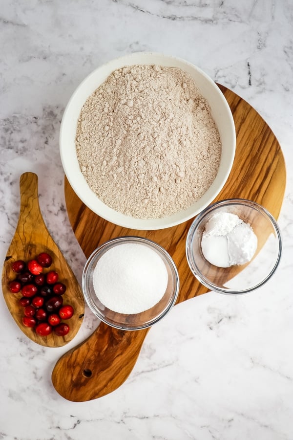 Dry ingredient for making cranberry orange muffins.