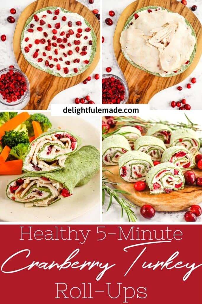 Photo collage of cranberry turkey roll ups and turkey wraps.