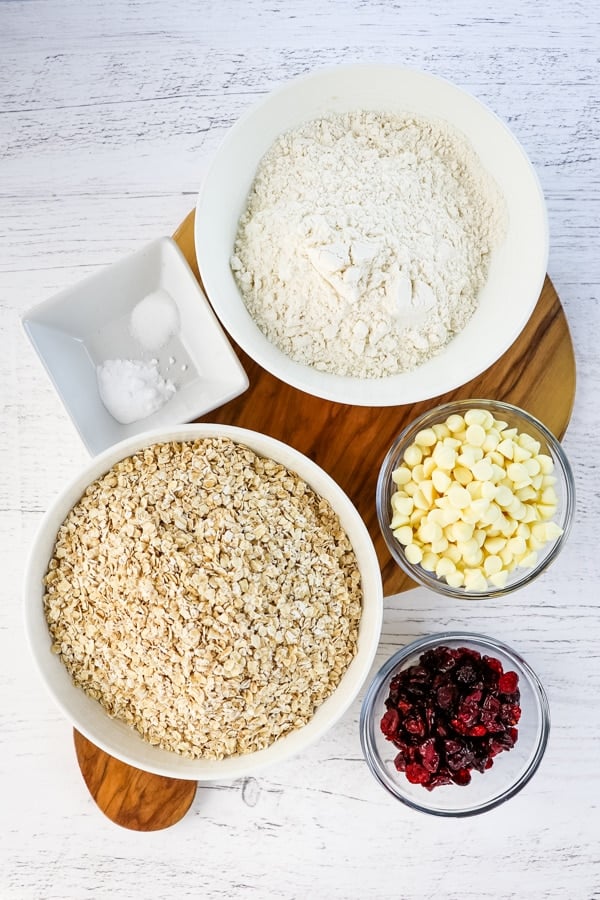 Dry ingredients for white chocolate chip cranberry oatmeal cookies.