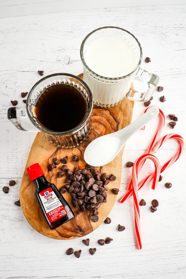 Ingredients needed to make a peppermint mocha