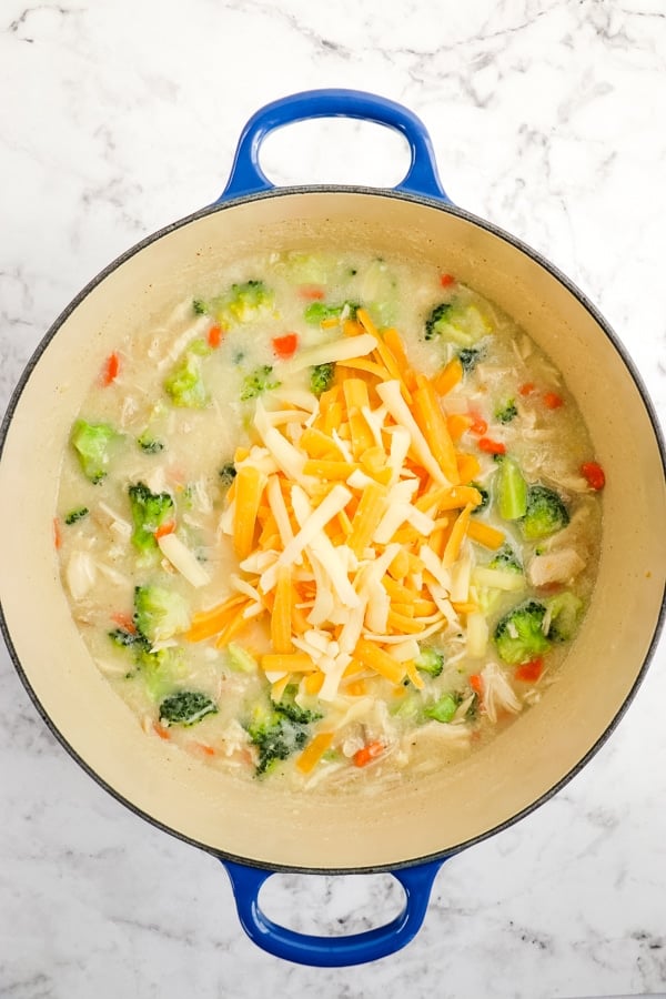 Chicken broccoli soup with added cheese in stock pot.