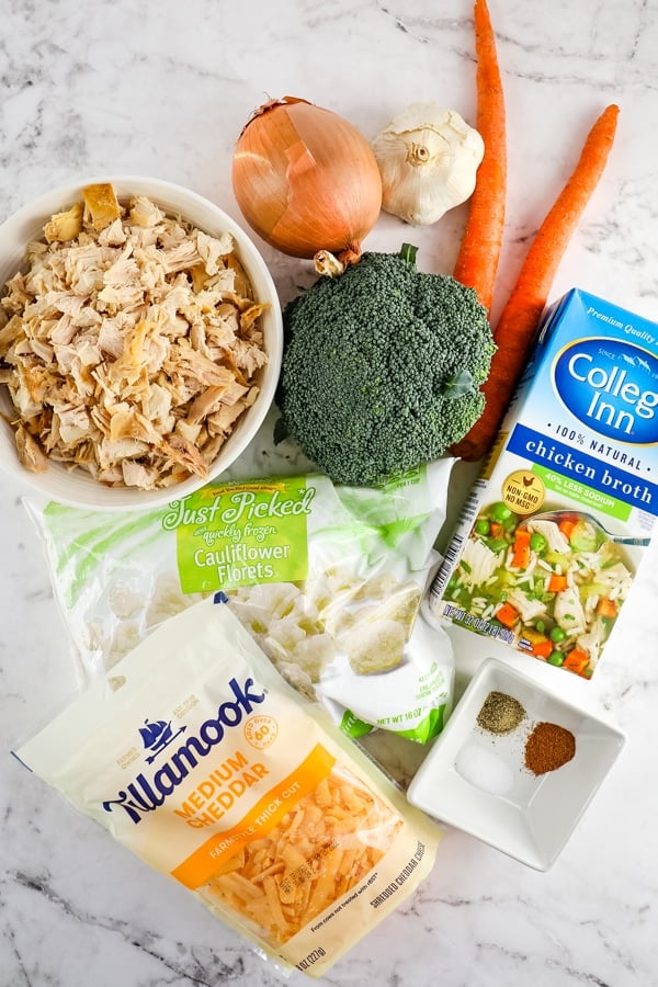 Ingredients needed to make chicken broccoli soup recipe.