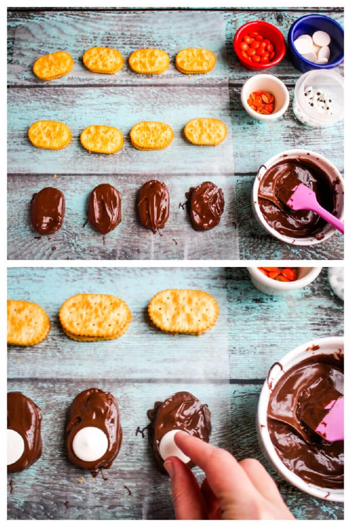 Dipping peanut butter crackers into chocolate for penguin cookies.