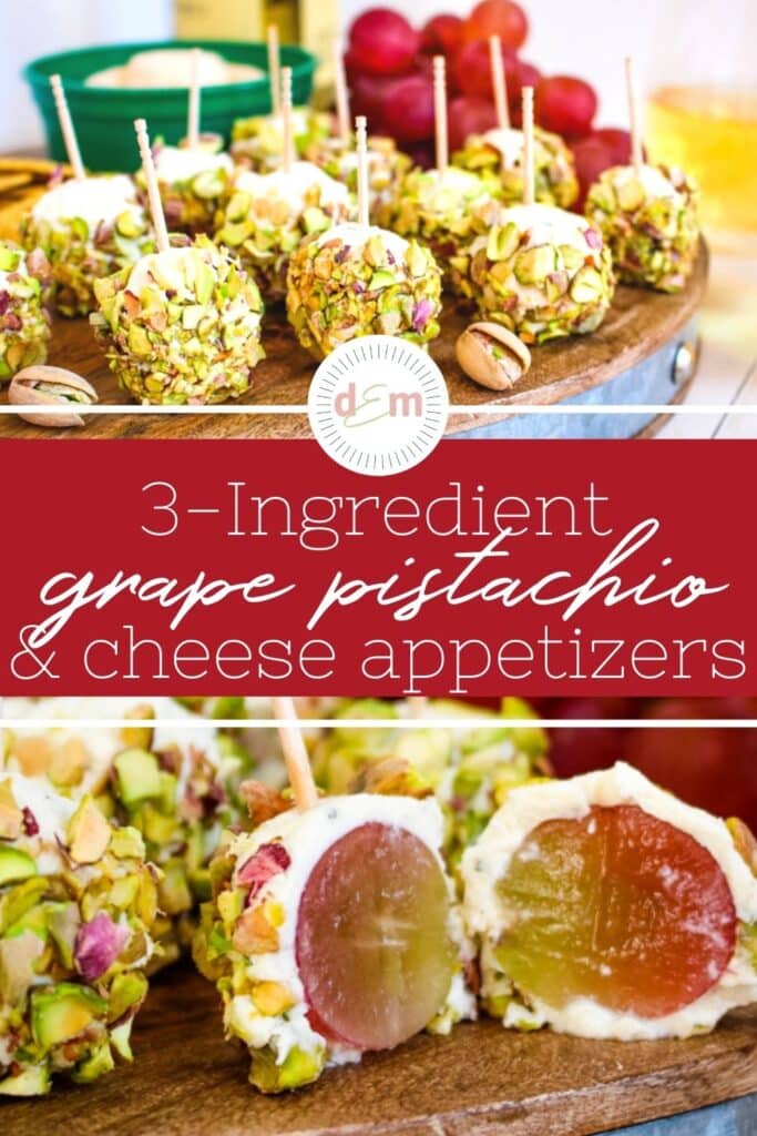 Photo collage with two photos of pistachio grape cheese appetizers.