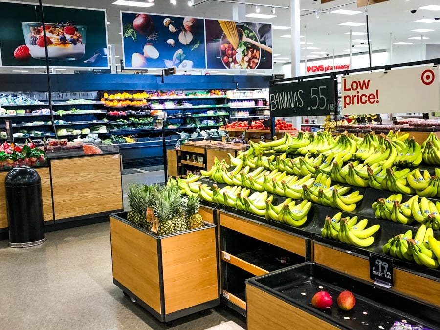 Target produce section, with bananas in front view.