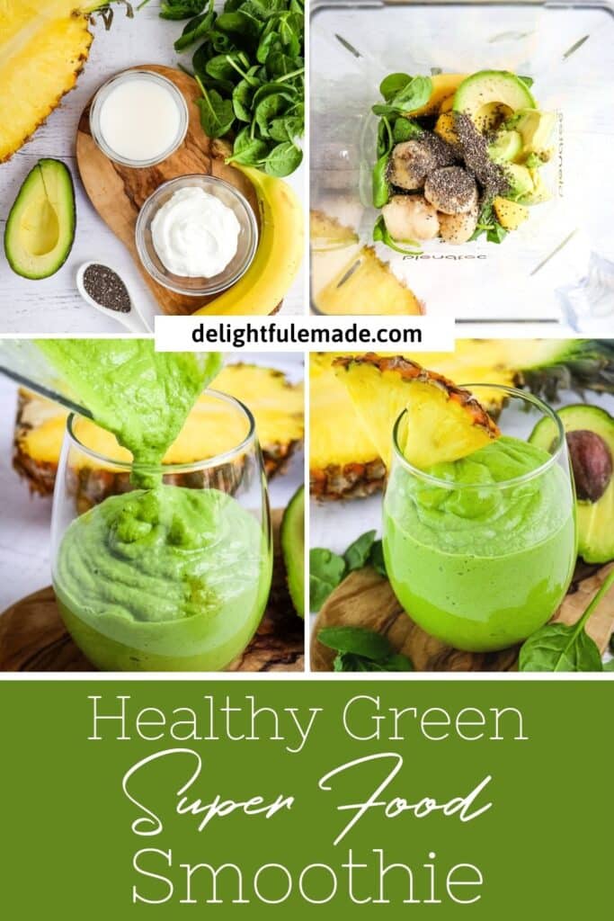 Photo collage for green superfood smoothie, ingredients and in clear glass.