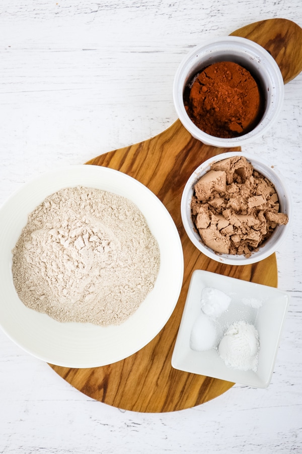 Dry ingredients for healthy chocolate muffins.