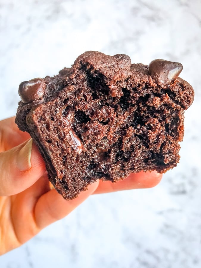 Half of a double chocolate muffin, held in hand.