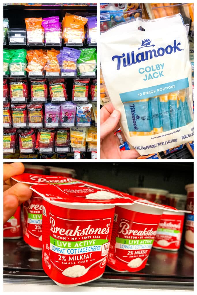 Healthy Target snacks, dairy section, cottage cheese cups and individual cheeses.