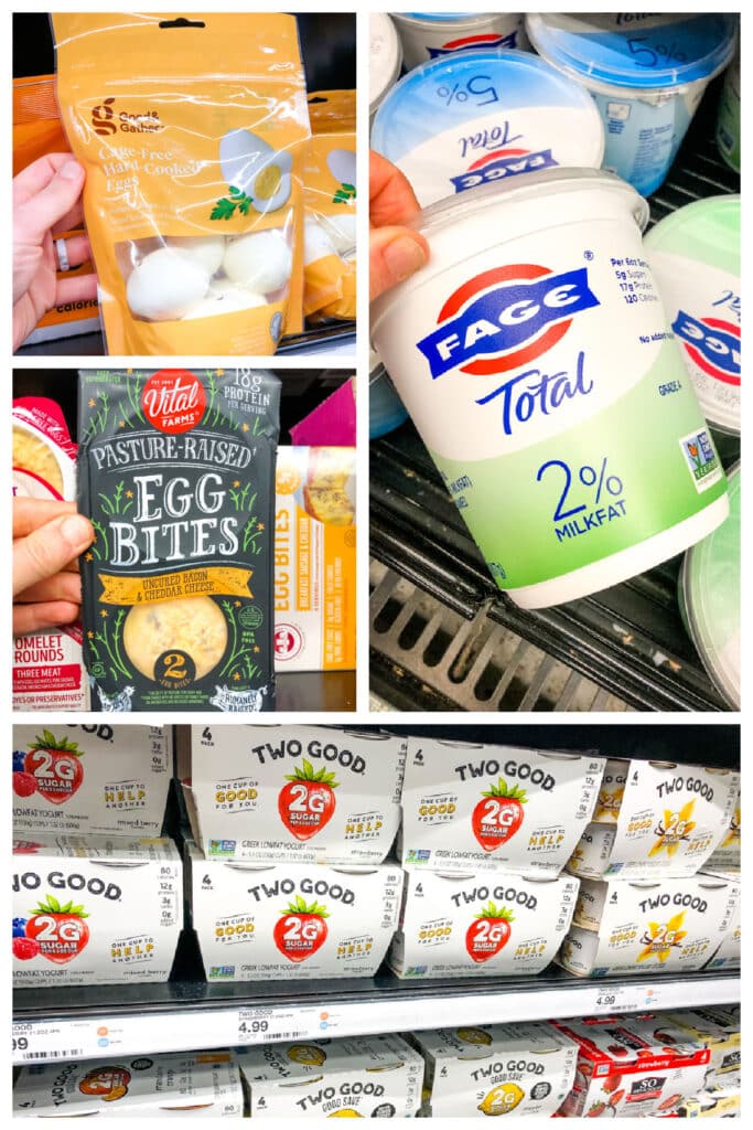 Healthy target snacks, yogurts and eggs.