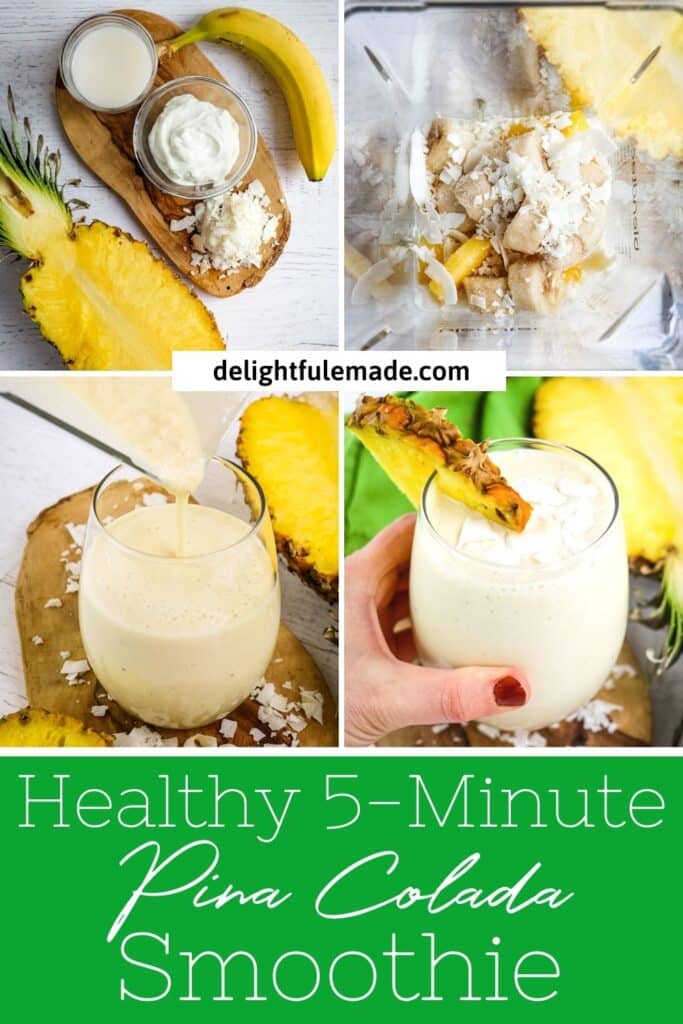 Photo collage of how to make a pina colada smoothie, ingredients, blender, pouring, glass.