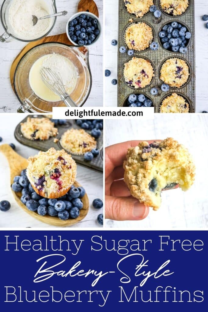 Photo collage of healthy blueberry muffins, batter in bowl, muffins in tin, muffin on top of blueberries, bite taken out of muffin.