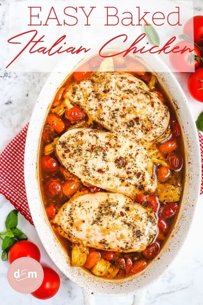 White baking dish with baked Italian Chicken breasts and tomatoes.
