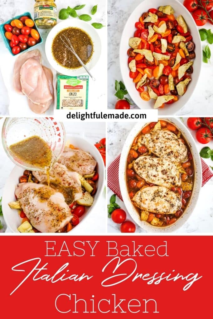 Photo collage of how to make Baked Italian Chicken.