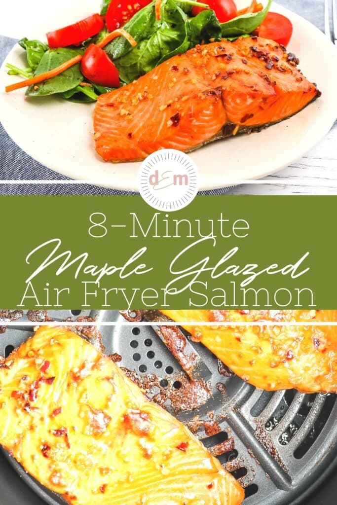 Air fryer salmon on plate and in air fryer basket.