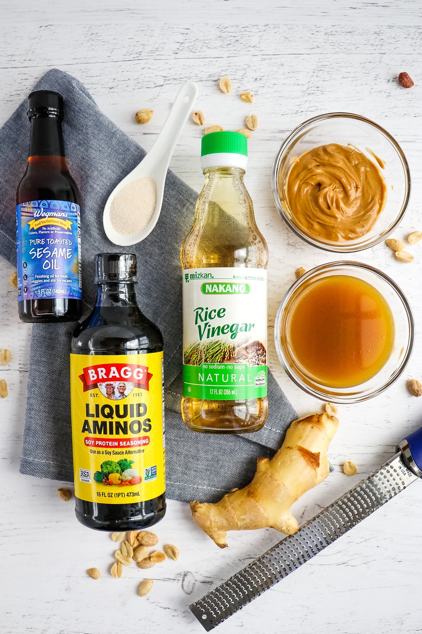 Ingredients needed to make peanut sauce for shrimp stir fry.