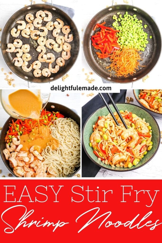 Photo collage of how to make shrimp stir fry with noodles.