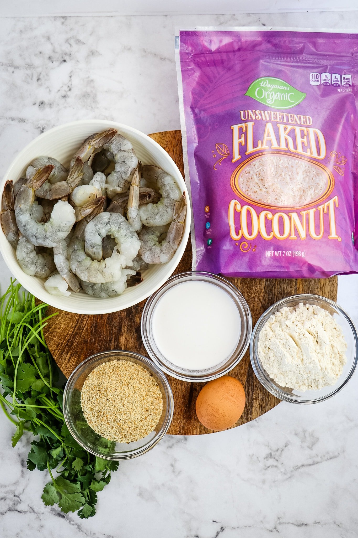 Ingredients needed to make coconut shrimp.