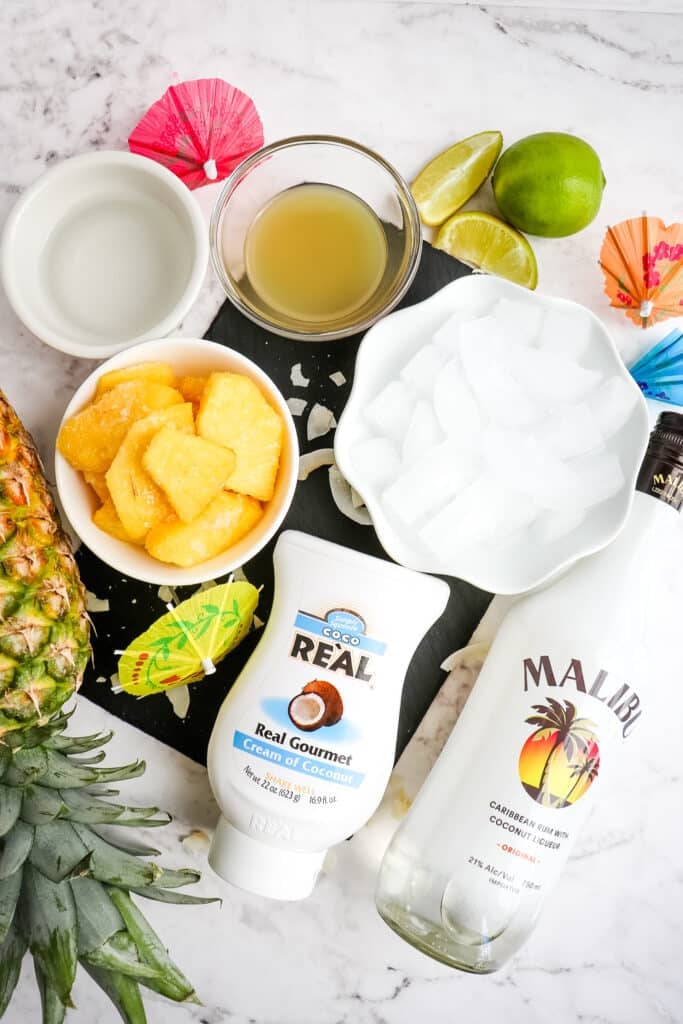 Ingredients for a frozen pineapple daiquiri.