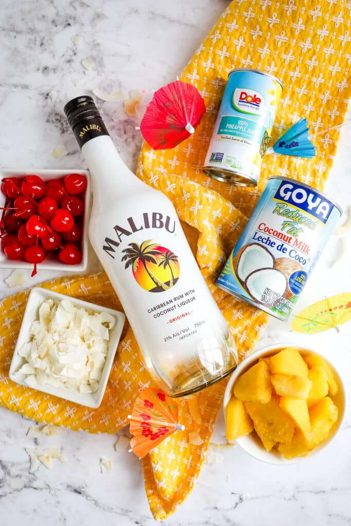 Ingredients needed to make malibu pina coladas.