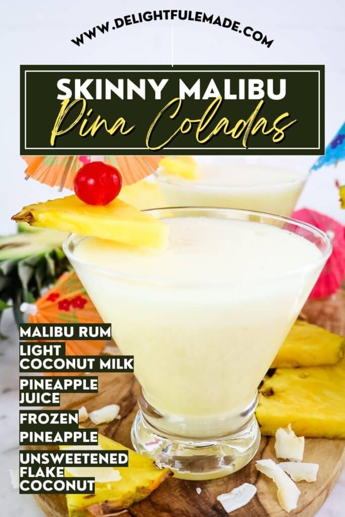 Pina Colada in glass with pineapple and cherry garnish, with text overlay of ingredients.