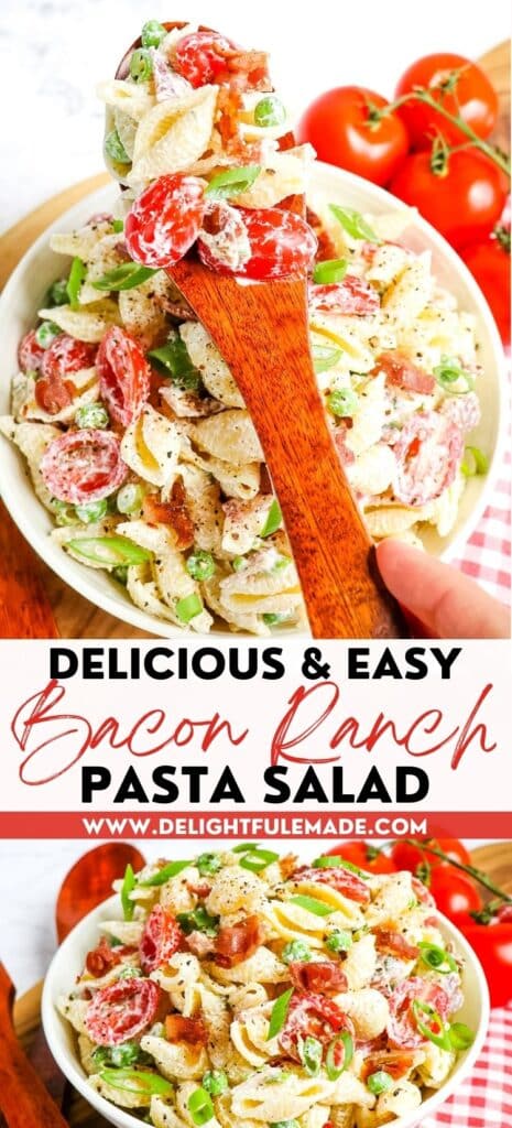 Two photos of bacon ranch pasta salad, in white bowl, with wooden spoon.