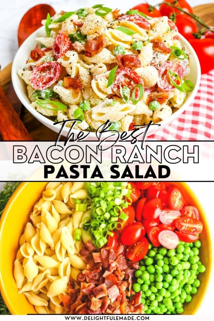 Bacon ranch pasta salad in bowl, and with separate ingredients.