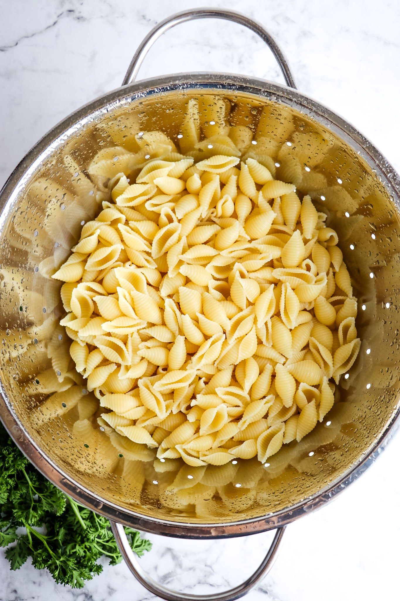 Shell pasta cooked and drained in a strainer.