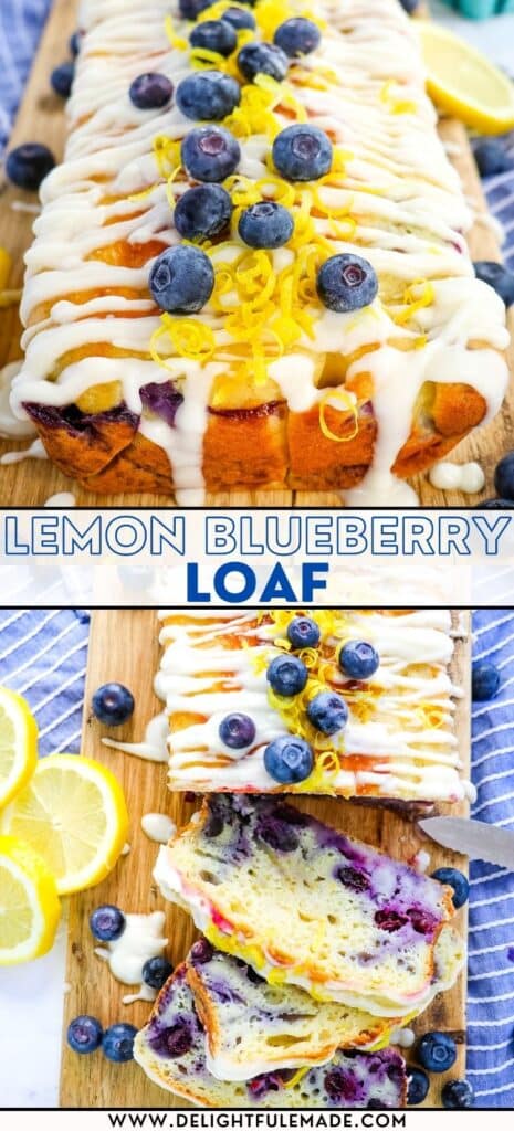 Two images of lemon blueberry loaf, one unsliced, other with three slices.