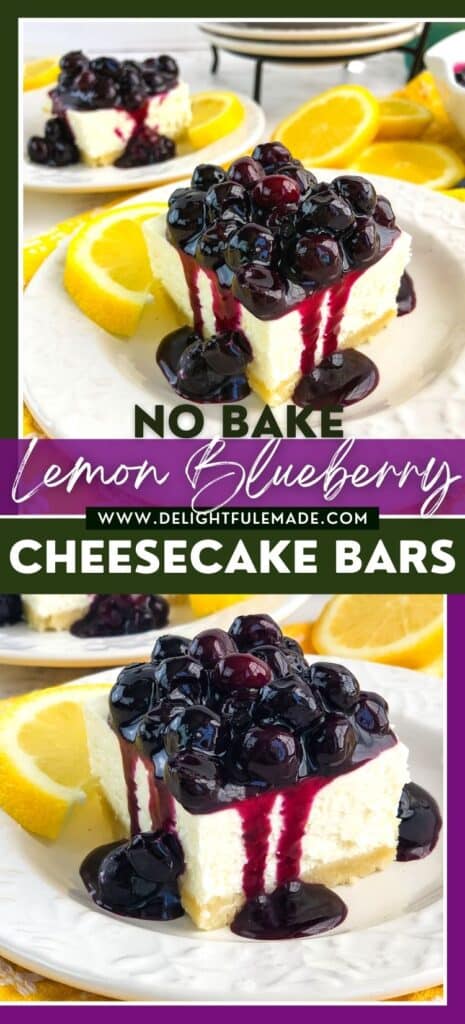 Two photo collage of no bake lemon blueberry cheesecake bars.