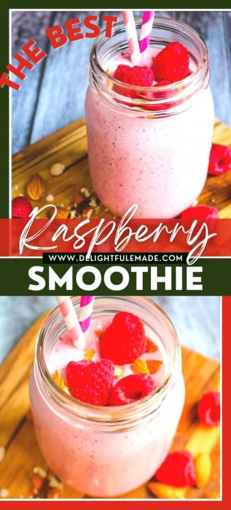 Raspberry smoothie recipe photo collage, with raspberry smoothies in mason jars.