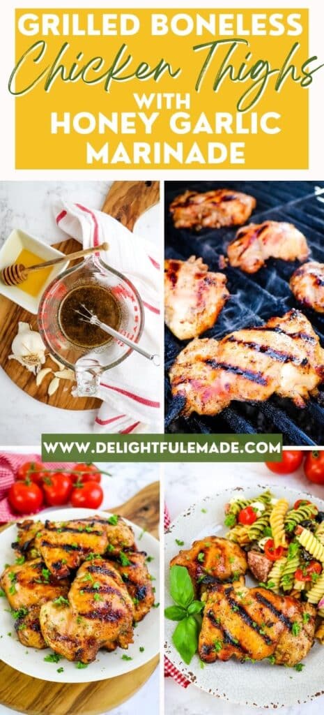 Photo collage of how to make boneless skinless chicken thighs with honey garlic marinade.