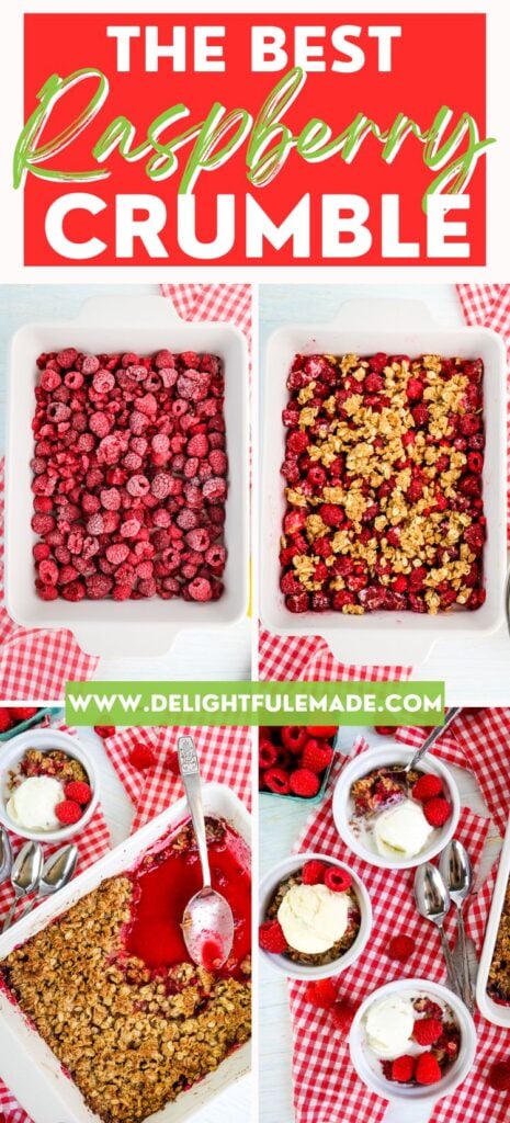 Photo collage of how to make raspberry crumble.