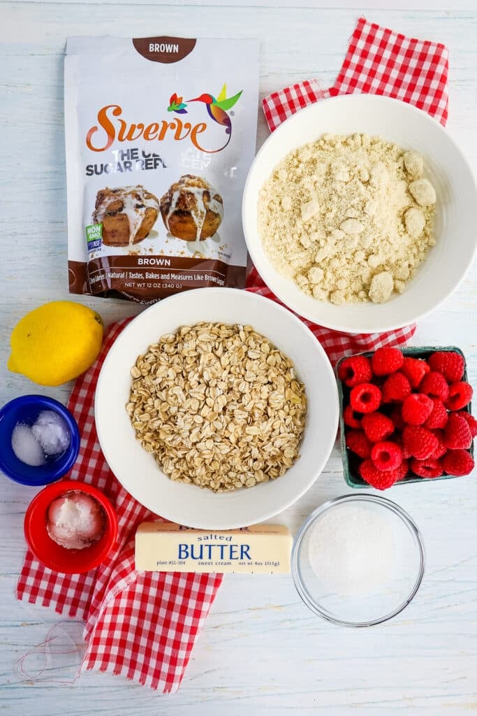 Ingredients needed to make raspberry crumble.