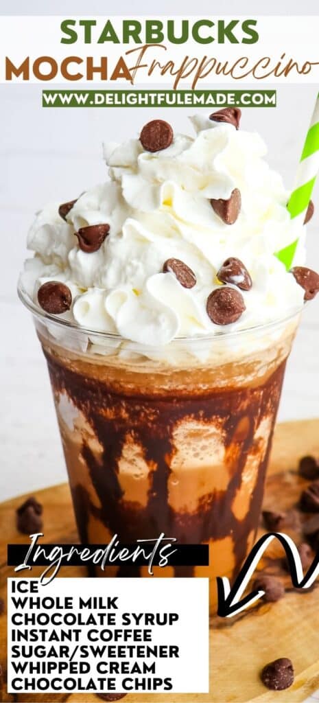Starbucks mocha frappuccino recipe with text overlay listing ingredients.