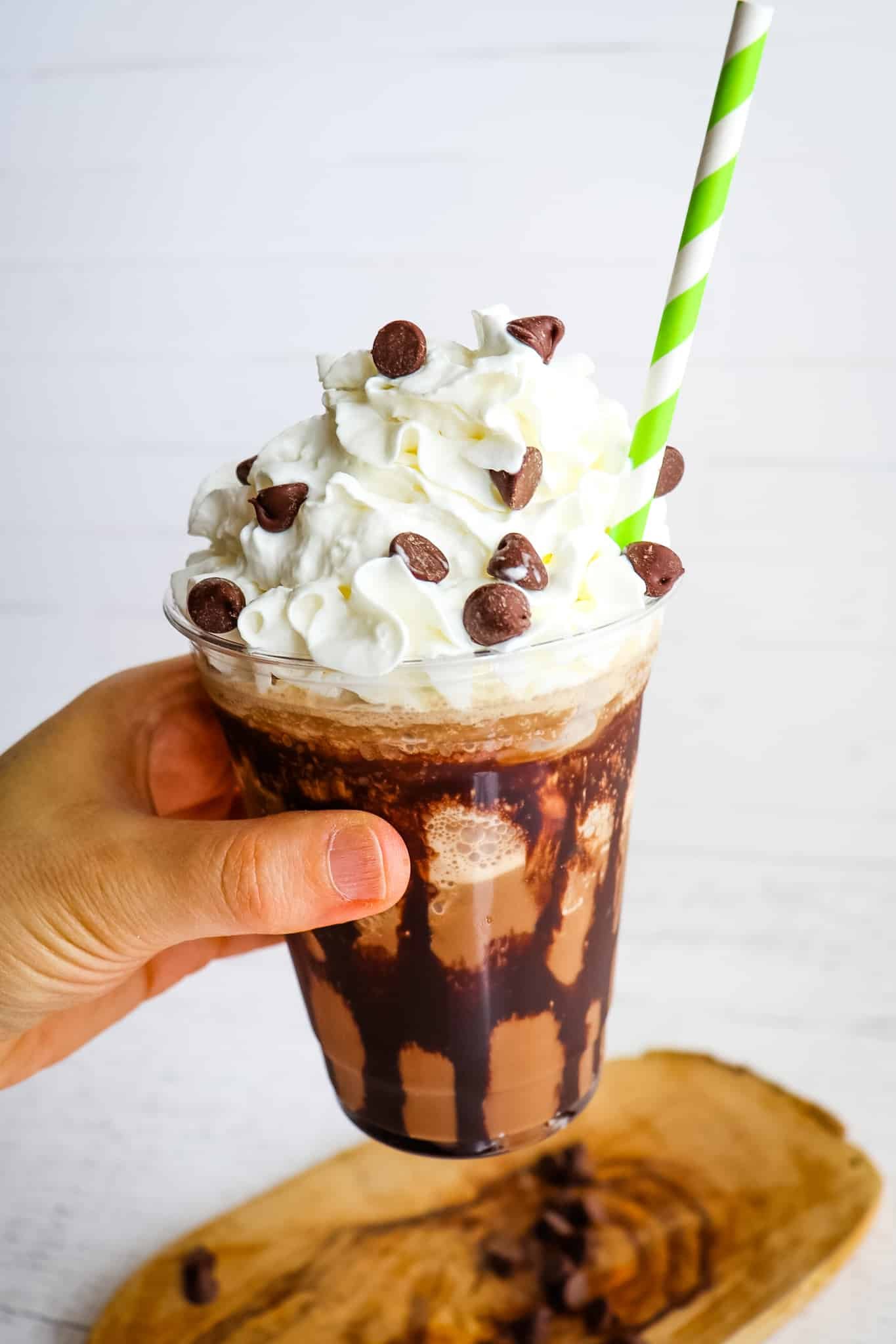 Starbucks Mocha Frappuccino with straw, held in hand.