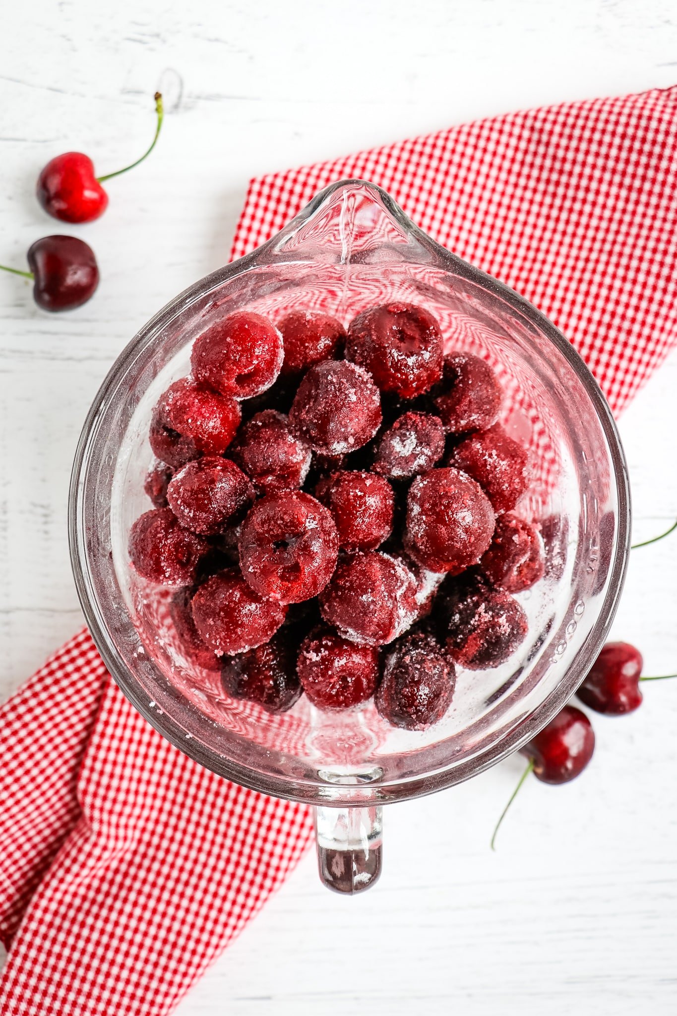 Cherries in bowl for cherry crisp recipe.