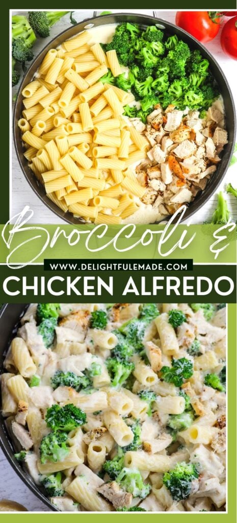 Ingredients in skillet for chicken and broccoli alfredo, ingredients stirred together.