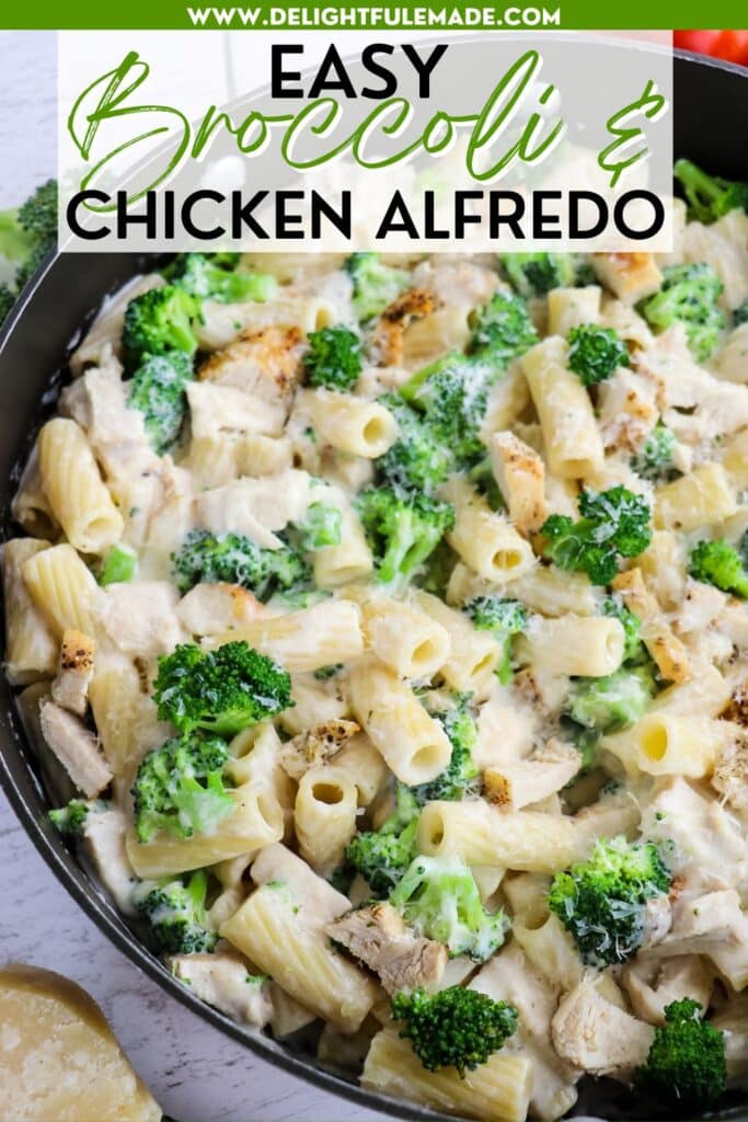 Chicken and broccoli alfredo in skillet, topped with Parmesan cheese.