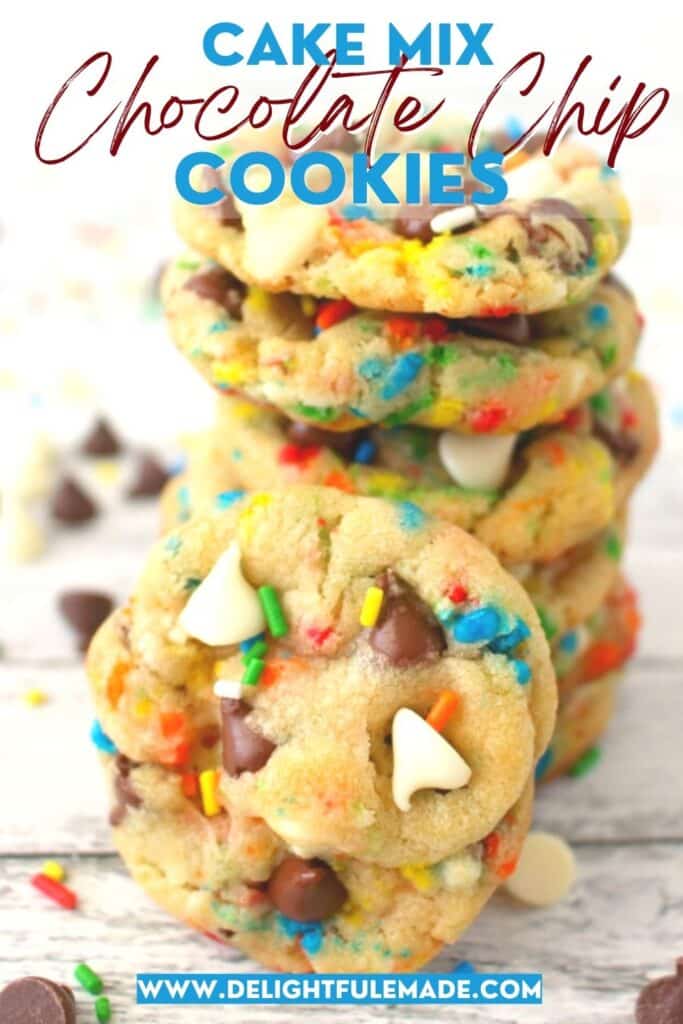 Stack of chocolate chip cake mix cookies garnished with sprinkles and chocolate chips.