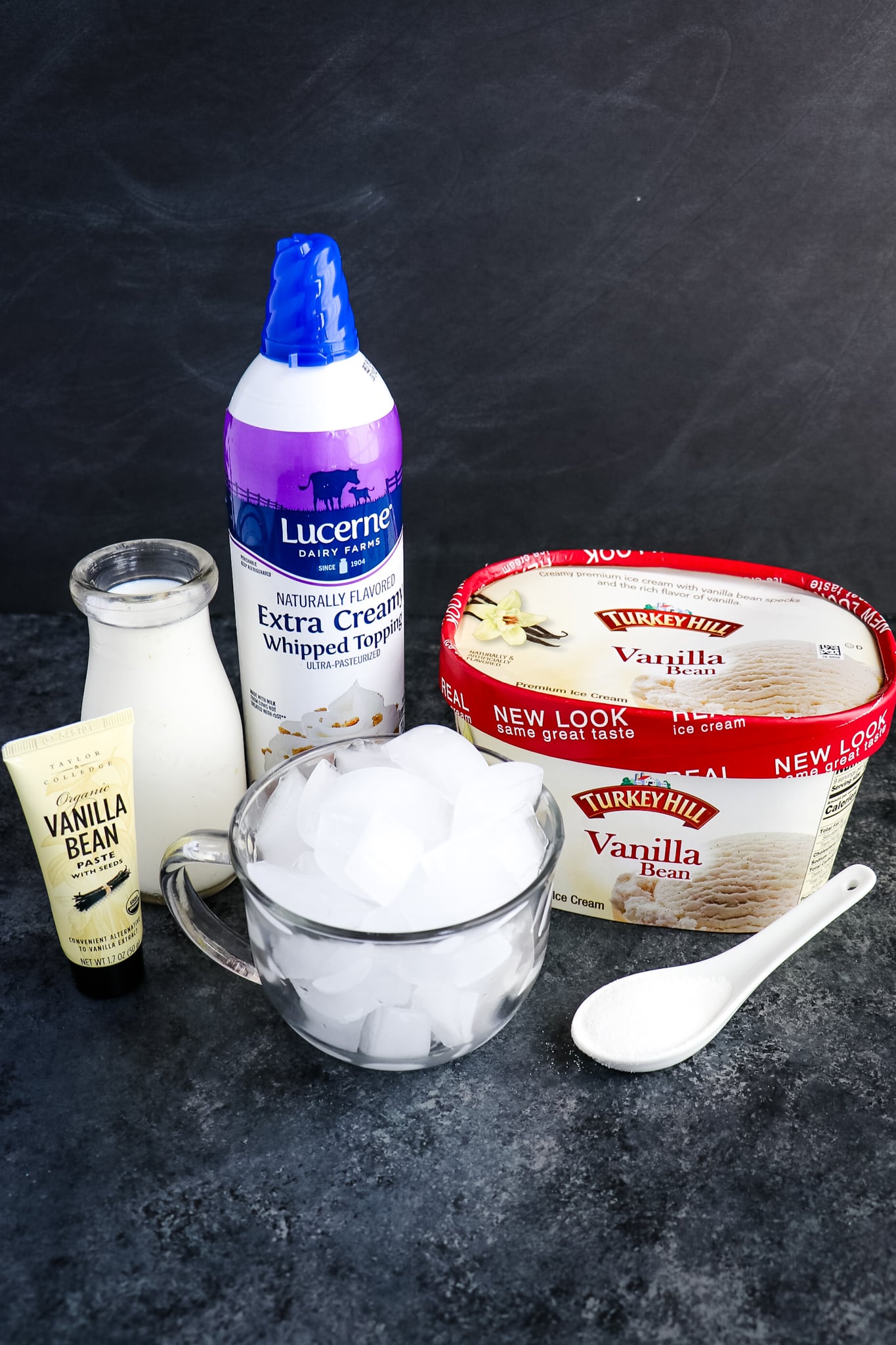 Ingredients for classic starbucks vanilla bean frappuccino recipe.