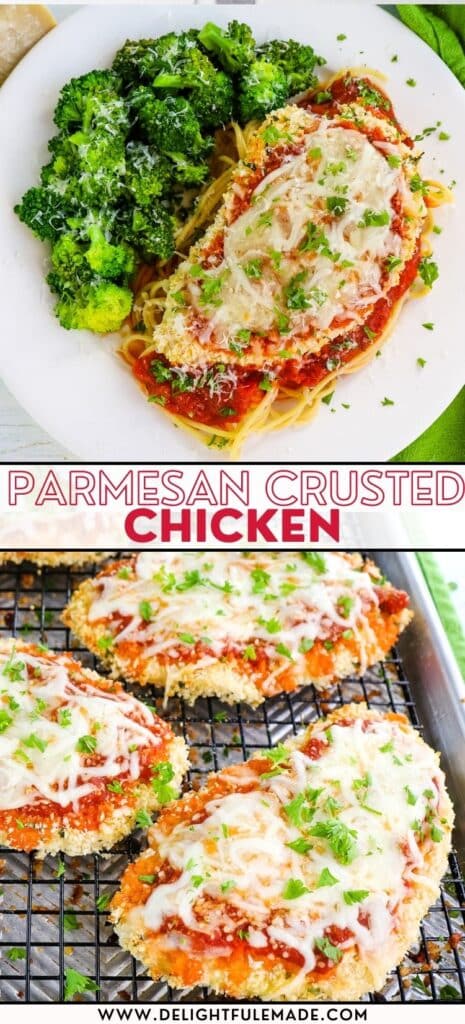 Baked Parmesan crusted chicken on plate, and on a baking pan.