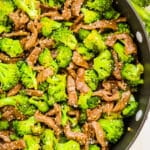 Beef and broccoli stir fry in large skillet.