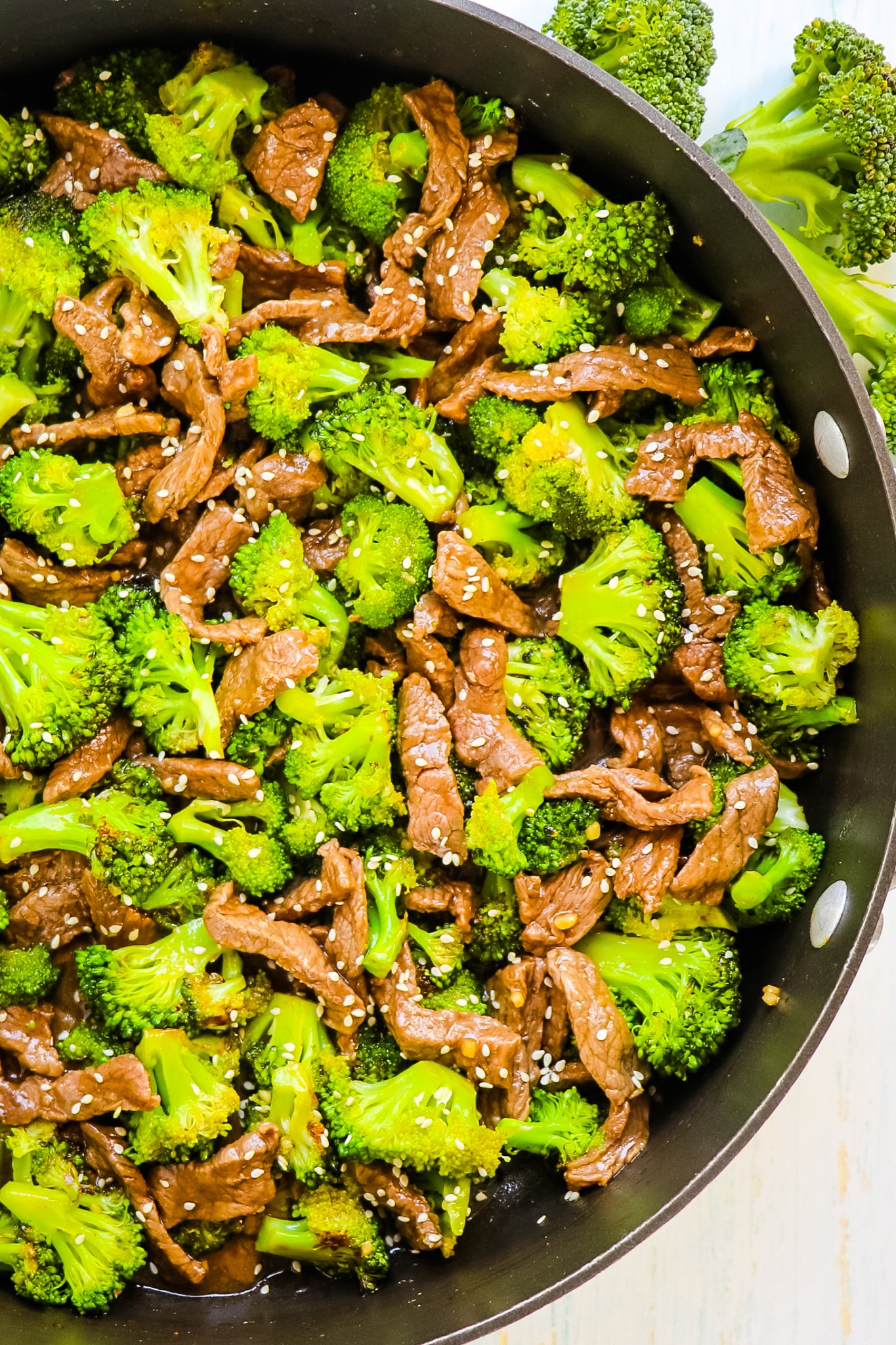 Beef and broccoli stir fry in large skillet.