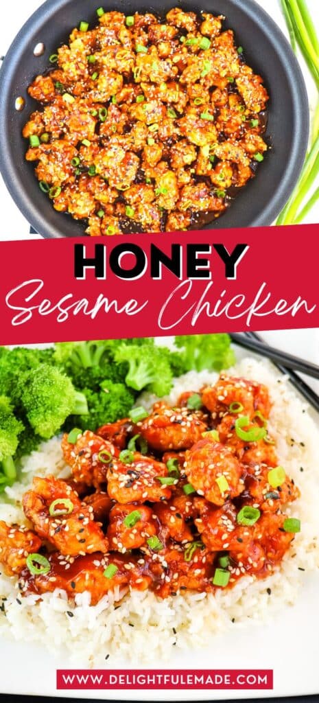 Photos of honey sesame chicken in skillet and on plate topped with sesames and green onions.